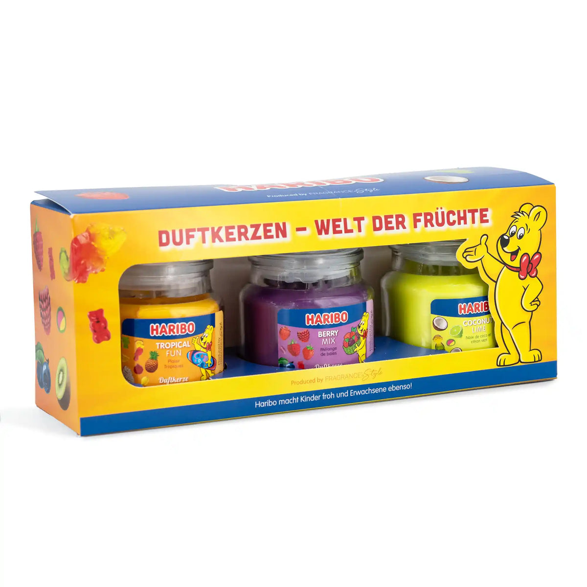 HARIBO Frucht Power Duftkerzen Geschenkset – 3 fruchtige Duftkerzen im Glas à 85 g – Berry Mix, Coconut Lime & Tropical Fun – Bis zu 27 Stunden Brenndauer – Geschenk für Frauen