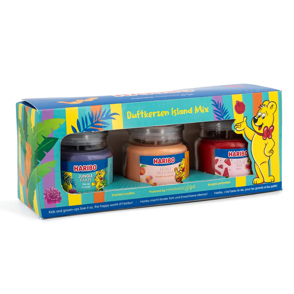 HARIBO Duftkerzen Geschenkset Island Mix – 3 Duftkerzen im Glas à 85 g – Fruchtige Düfte mit bis zu 20 Stunden Brenndauer – Kerzenset als Geschenk für Frauen
