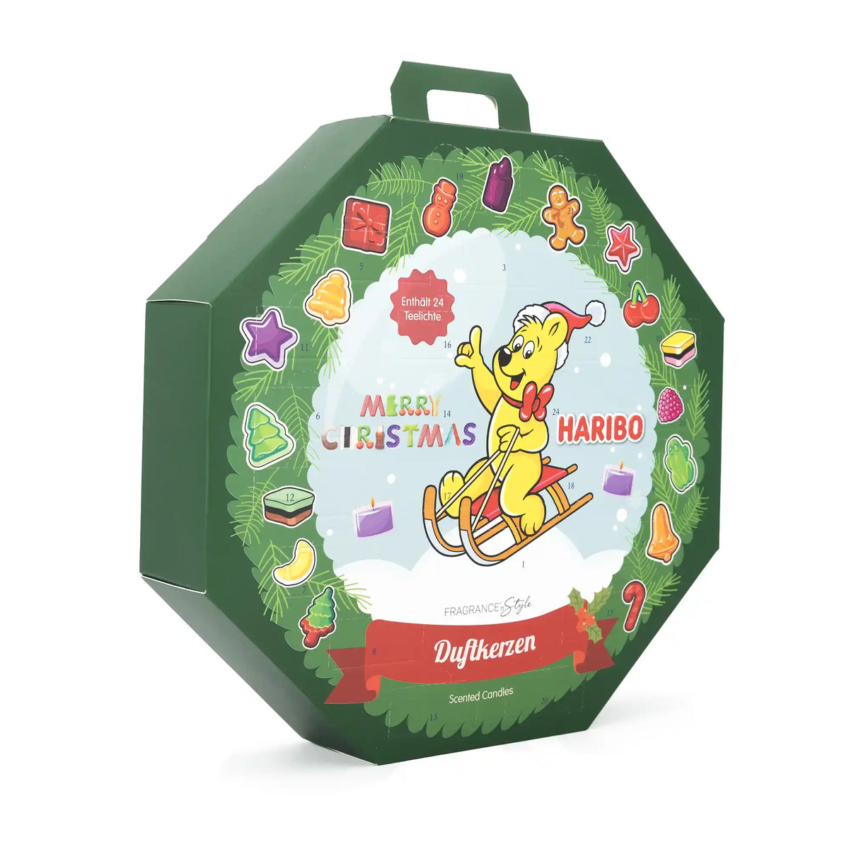 HARIBO Adventskalender mit 24 Duft-Teelichtern – Duftkerzen Weihnachtskalender mit Sommer- & Winterdüften – Geschenkidee für Erwachsene