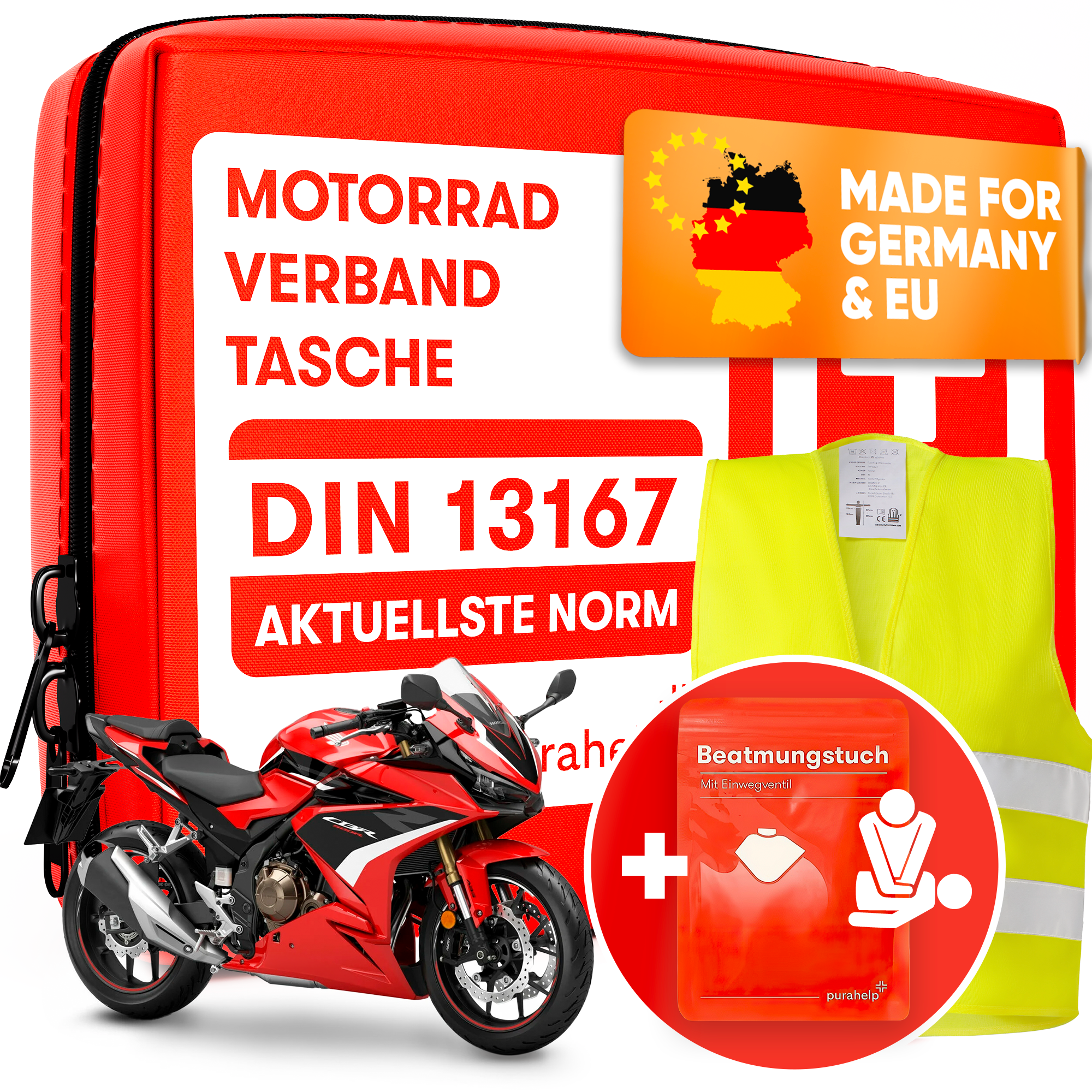 PURAHELP Motorrad Verbandskasten  DIN 13167  - Inkl. Warnweste & Beatmungstuch