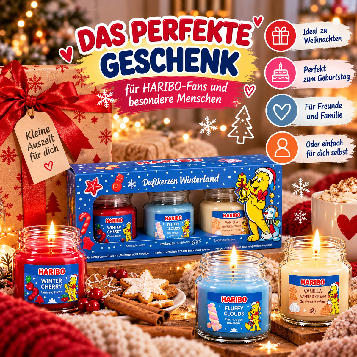 HARIBO Winterland Duftkerzen Geschenkset – 3 Duftkerzen im Glas à 85 g – Winter Cherry, Fluffy Clouds & Vanilla Waffle & Cream – Weihnachtsgeschenk