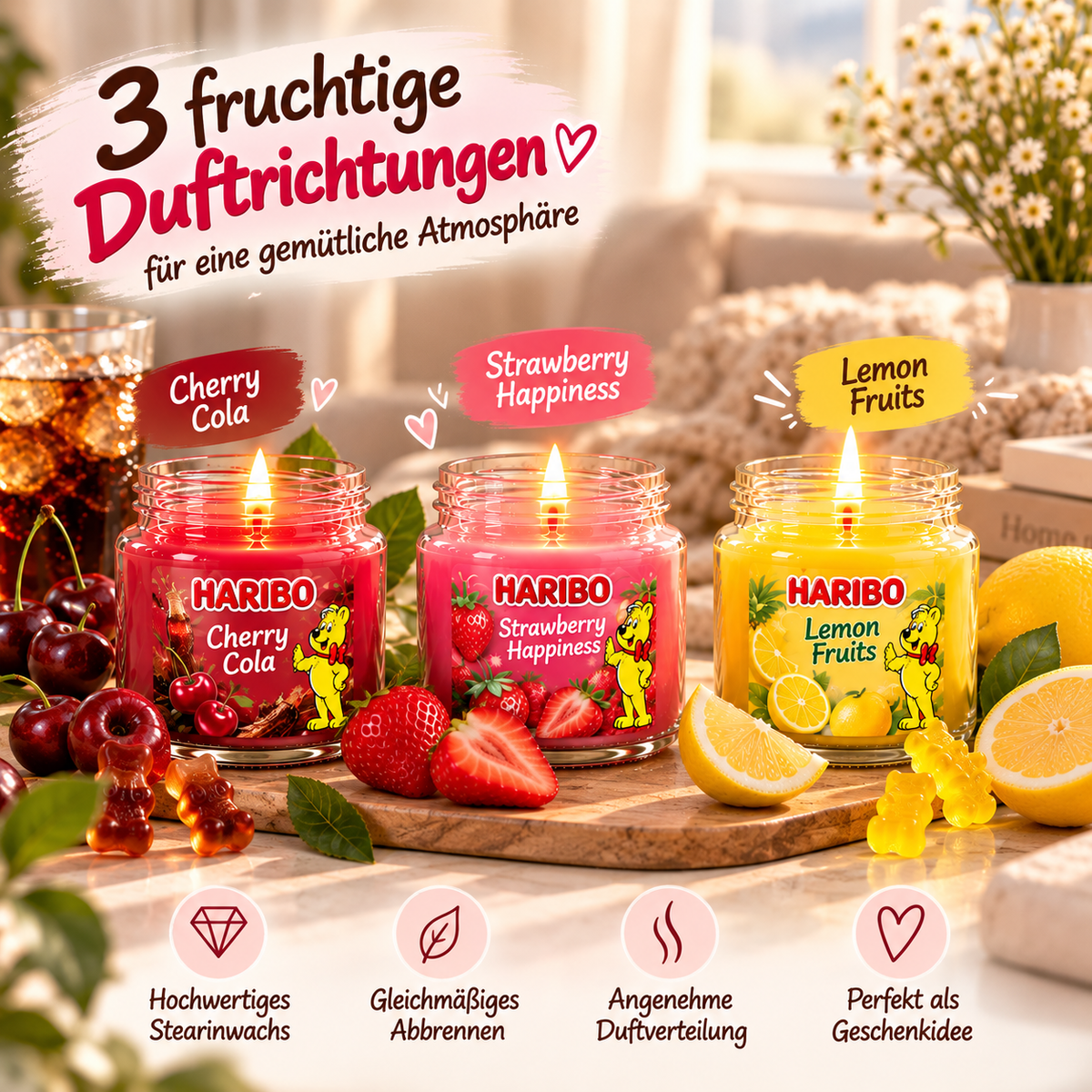HARIBO Duftkerzen Geschenkset – 3 fruchtige Duftkerzen im Glas – Cherry Cola, Strawberry Happiness & Lemon Fruits – 3 x 85 g – Bis zu 27 Stunden Brenndauer – Geschenkidee