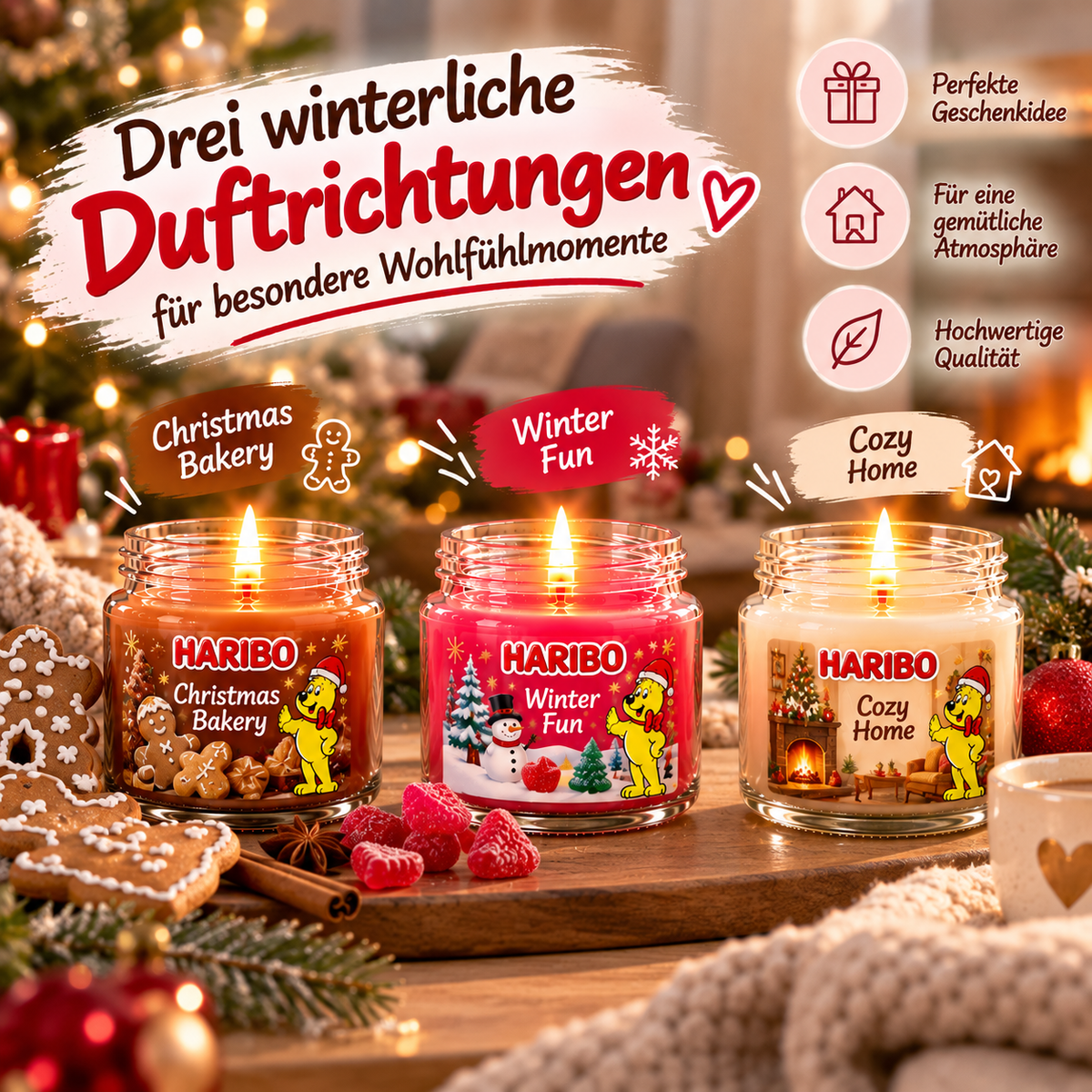 HARIBO Sweet Winter Duftkerzen Geschenkset – 3 Duftkerzen im Glas à 85 g – Christmas Bakery, Winter Fun & Cozy Home – Weihnachtsgeschenk