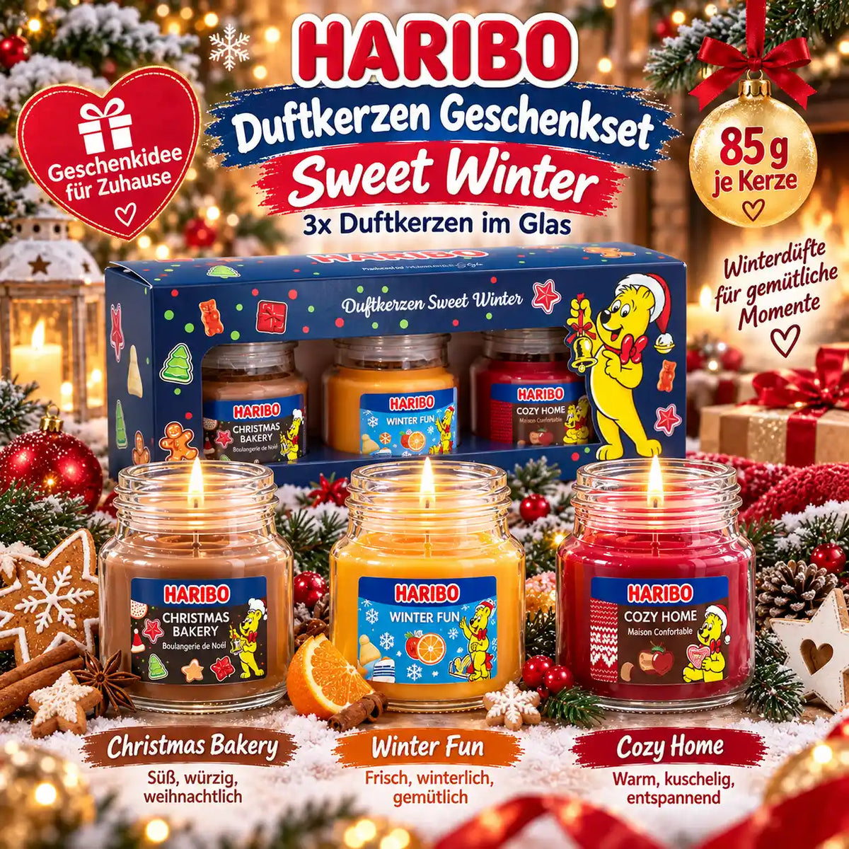 HARIBO Sweet Winter Duftkerzen Geschenkset – 3 Duftkerzen im Glas à 85 g – Christmas Bakery, Winter Fun & Cozy Home – Weihnachtsgeschenk