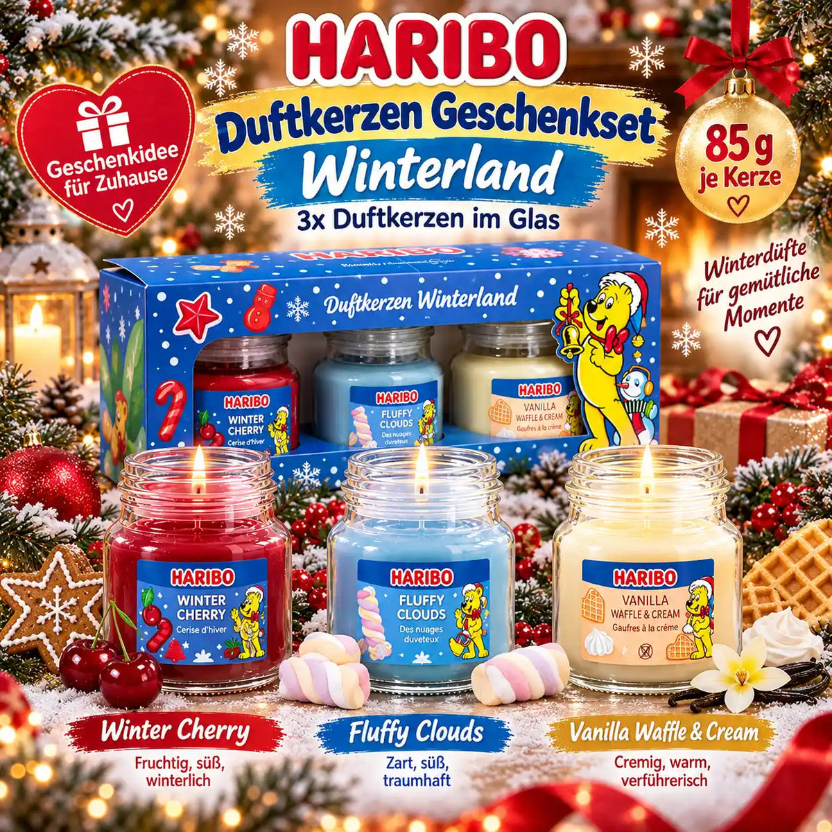 HARIBO Winterland Duftkerzen Geschenkset – 3 Duftkerzen im Glas à 85 g – Winter Cherry, Fluffy Clouds & Vanilla Waffle & Cream – Weihnachtsgeschenk