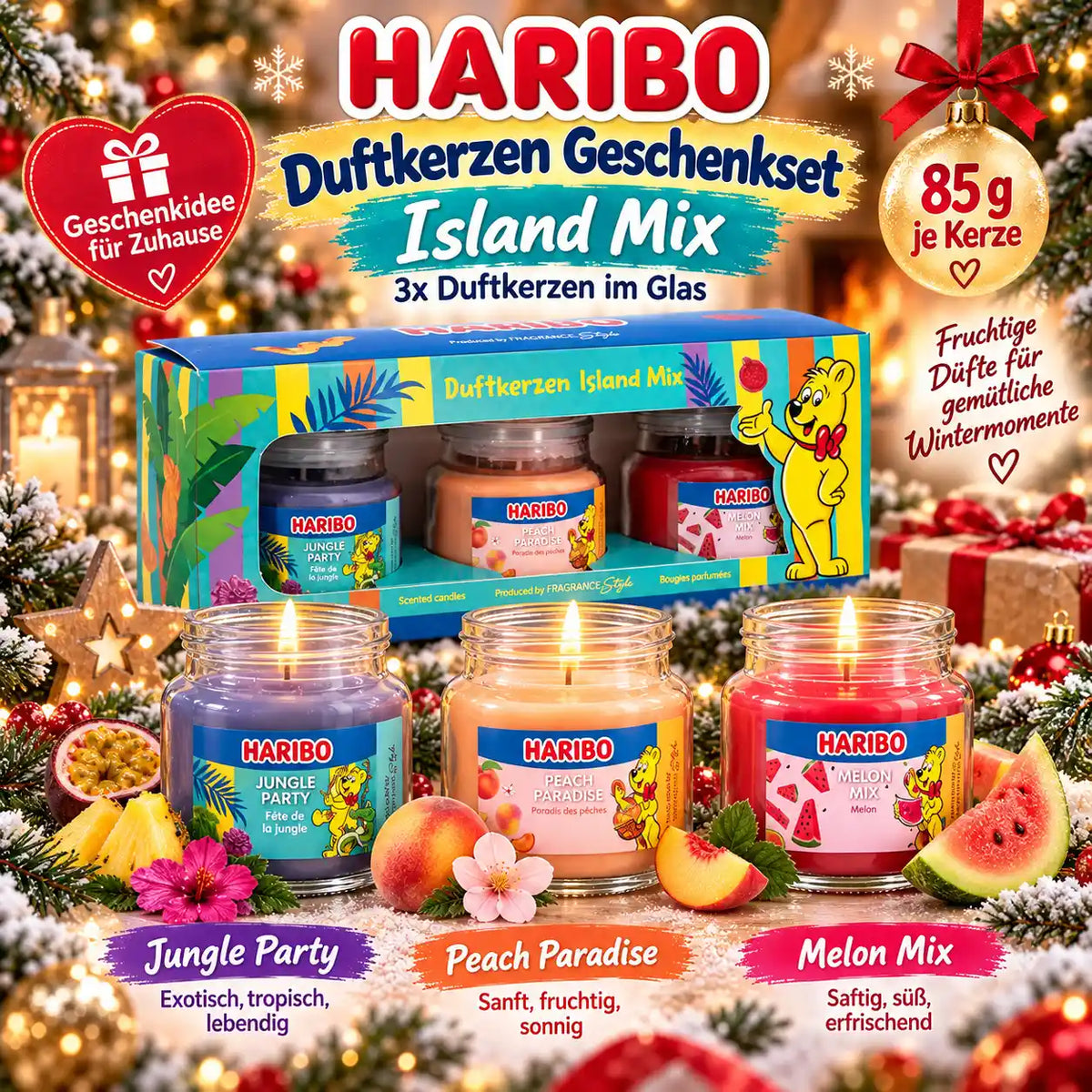 HARIBO Duftkerzen Geschenkset Island Mix – 3 Duftkerzen im Glas à 85 g – Fruchtige Düfte mit bis zu 20 Stunden Brenndauer – Kerzenset als Geschenk für Frauen