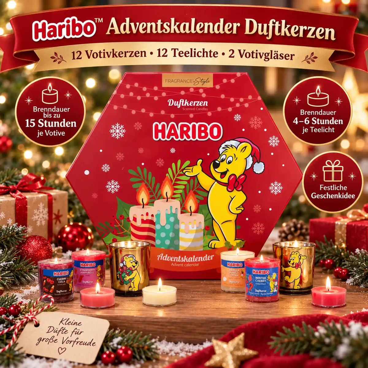 HARIBO Adventskalender mit 24 Duftkerzen – 12 Votivkerzen, 12 Teelichter & 2 Votivgläser – Kerzen Adventskalender mit Sommer- & Winterdüften – Weihnachtsgeschenk