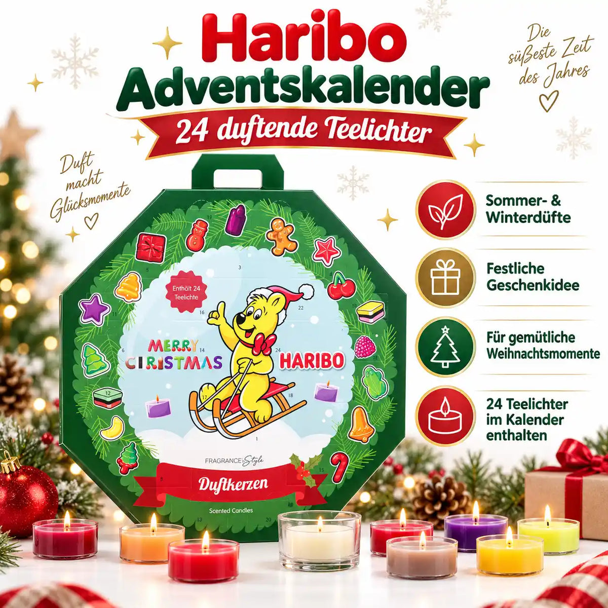 HARIBO Adventskalender mit 24 Duft-Teelichtern – Duftkerzen Weihnachtskalender mit Sommer- & Winterdüften – Geschenkidee für Erwachsene