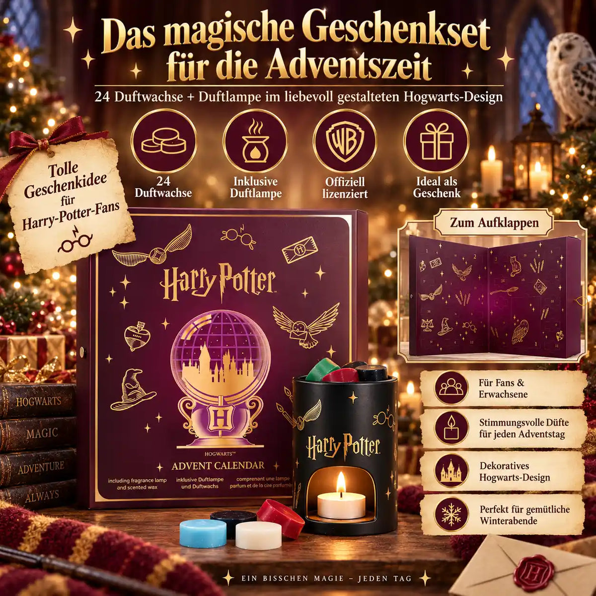 Harry Potter Adventskalender 2026 mit Duftlampe & 24 Duftwachs Wax Melts – Hogwarts Weihnachtskalender für Erwachsene & Fans – Offiziell lizenziertes Geschenkset