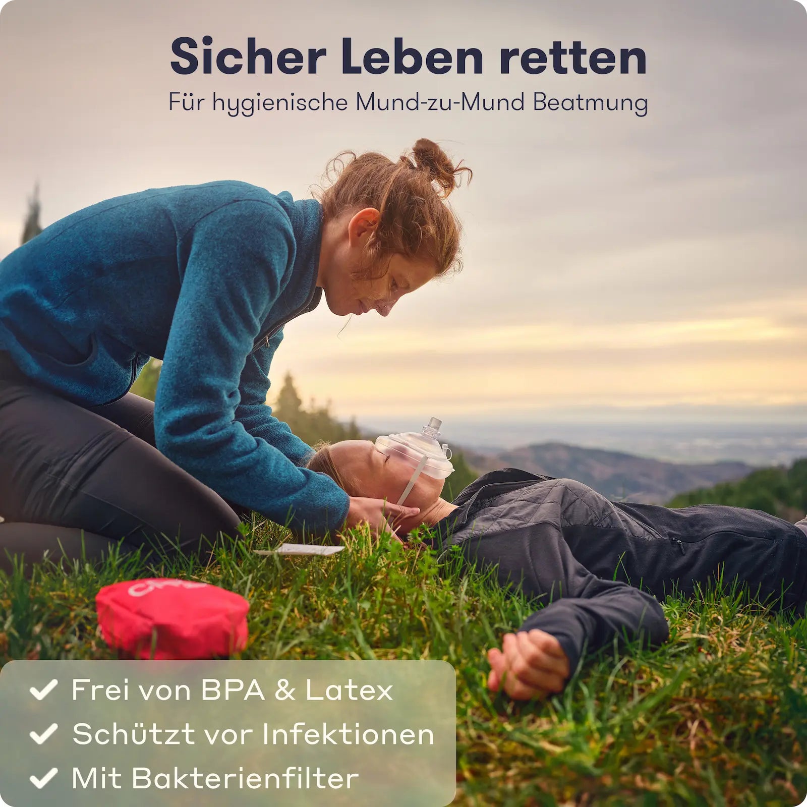 Hygienische Mund-zu-Mund Beatmung mit CPR Maske im Einsatz – schützt vor Infektionen, BPA- und latexfrei, mit Bakterienfilter