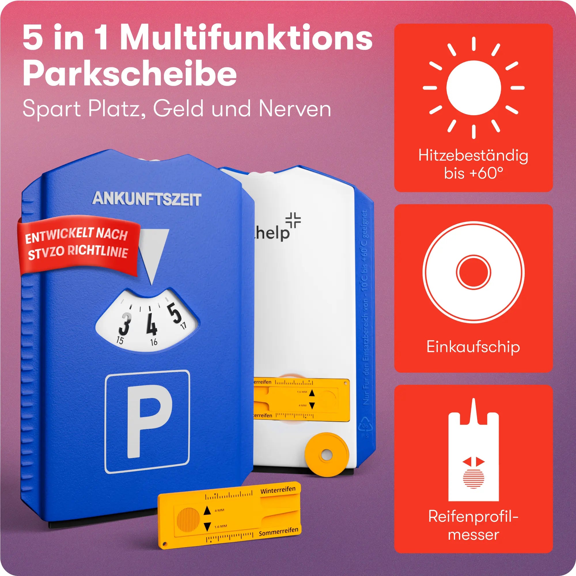 Multifunktionale Parkscheibe mit Chip, Eiskratzer und Reifenmesser