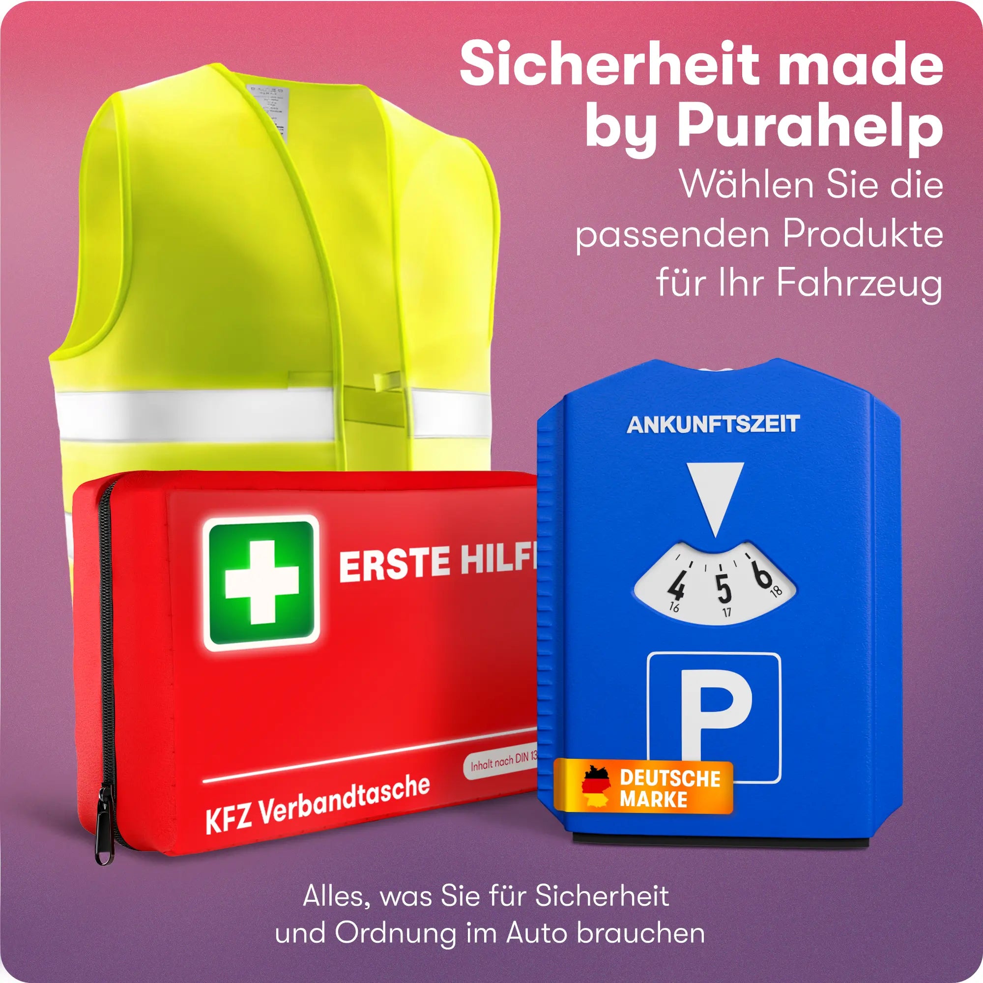 Parkscheibe neben Warnweste und Verbandtasche als Autozubehör