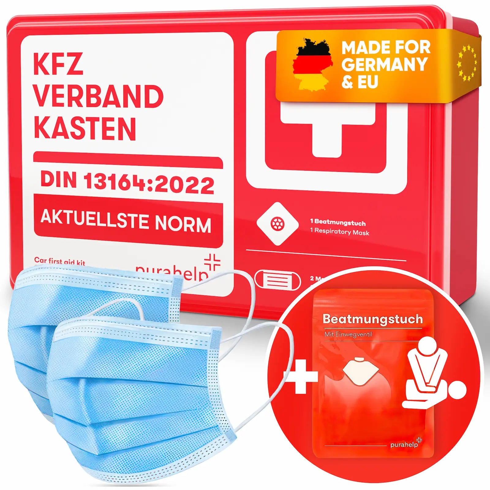 PURAHELP KFZ Verbandskasten Auto DIN 13164 2025 mit Beatmungstuch und Masken – Erste Hilfe Set nach aktueller Norm