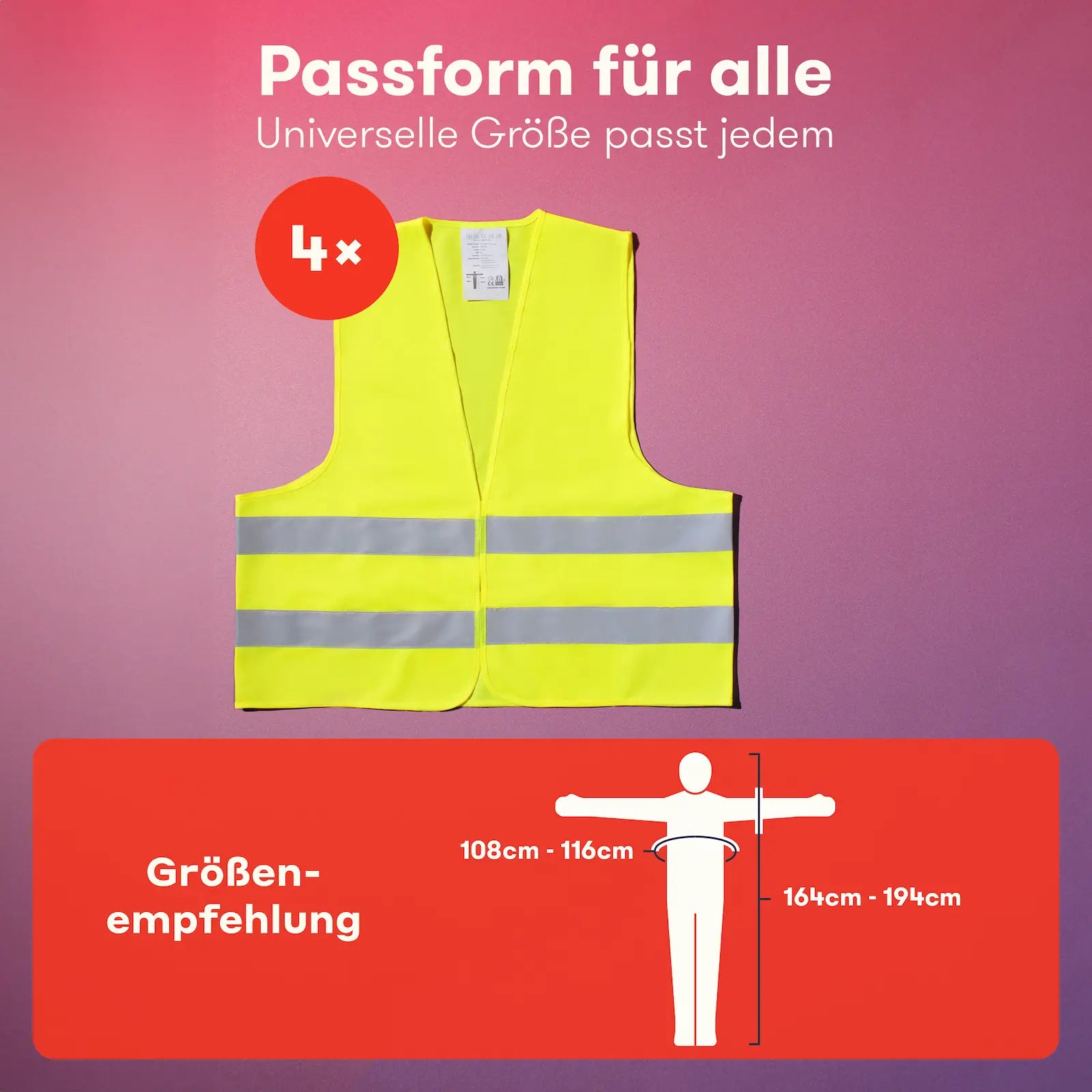 PURAHELP Warnweste 4er Set Einheitsgröße XL mit Größenempfehlung