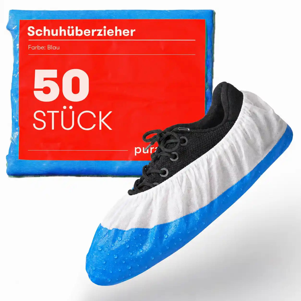50 blaue CPE Schuhüberzieher mehrweg mit Verpackung und Sneaker