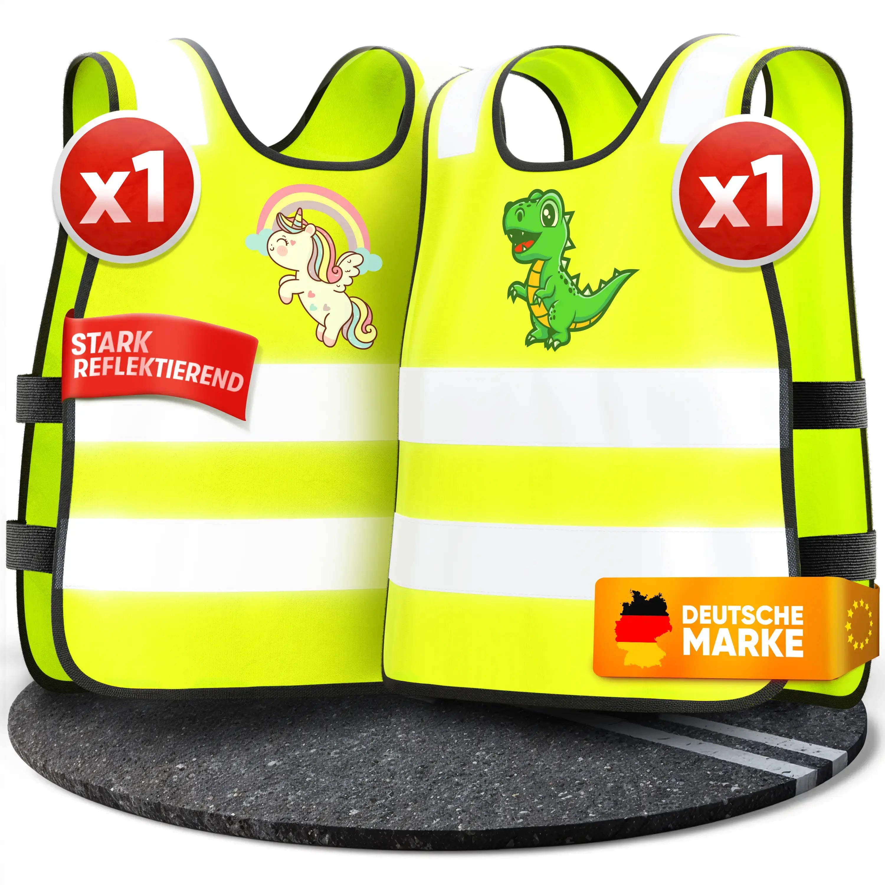 Kinderwarnwesten in Gelb mit Dino- und Einhornmotiv auf schwarzem Untergrund.