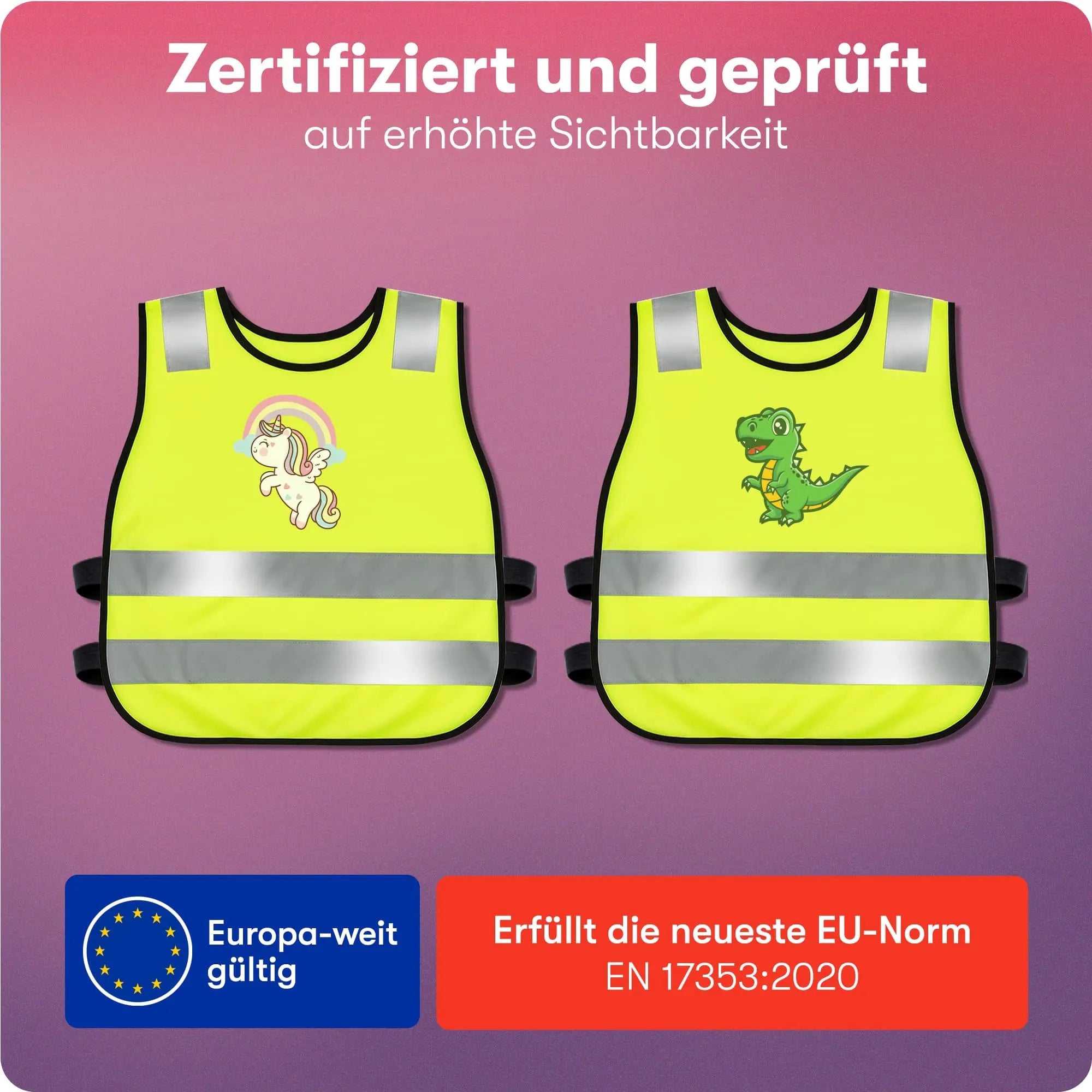 Beide Kinderwarnwesten mit Hinweis auf EU-Norm für erhöhte Sichtbarkeit.