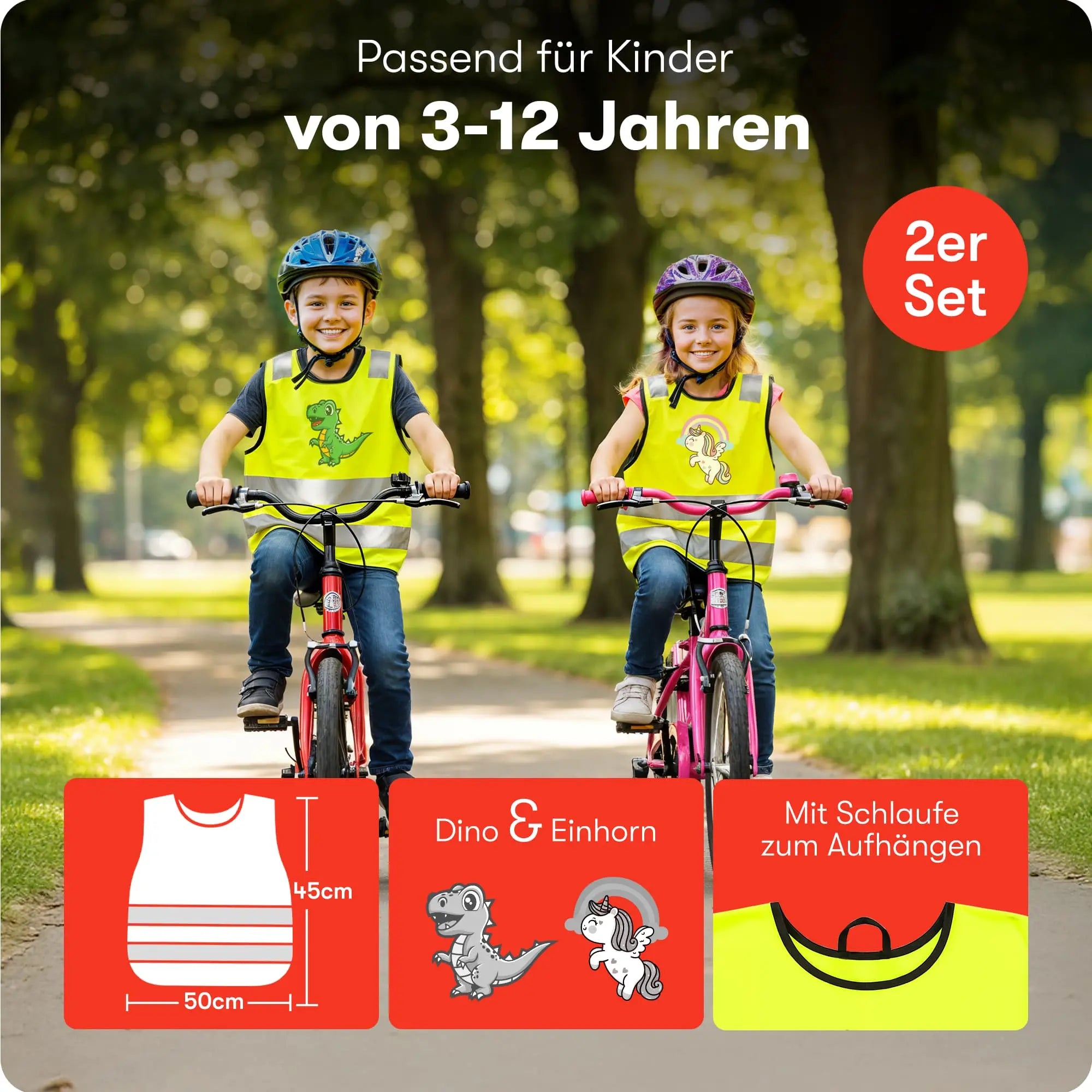 Zwei Kinder auf Fahrrädern mit Warnwesten sowie Größen- und Motivangaben.