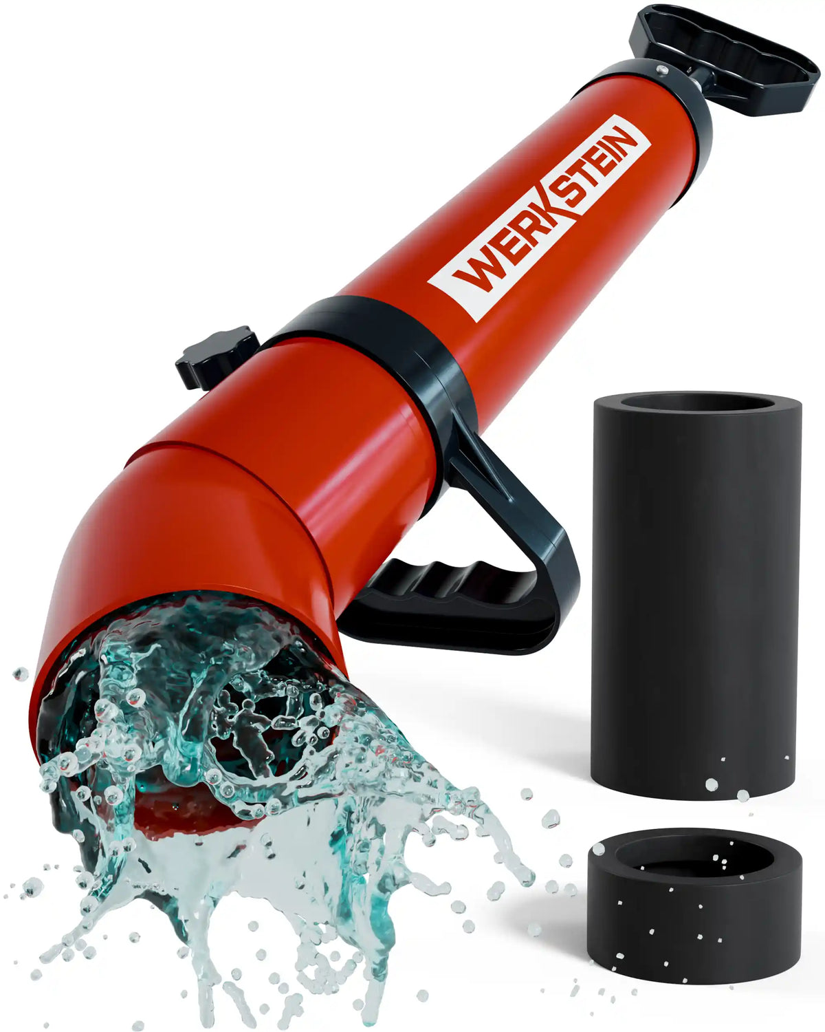 WERKSTEIN Rohrreinigungspumpe mit zwei Adaptern und austretendem Wasserstrahl