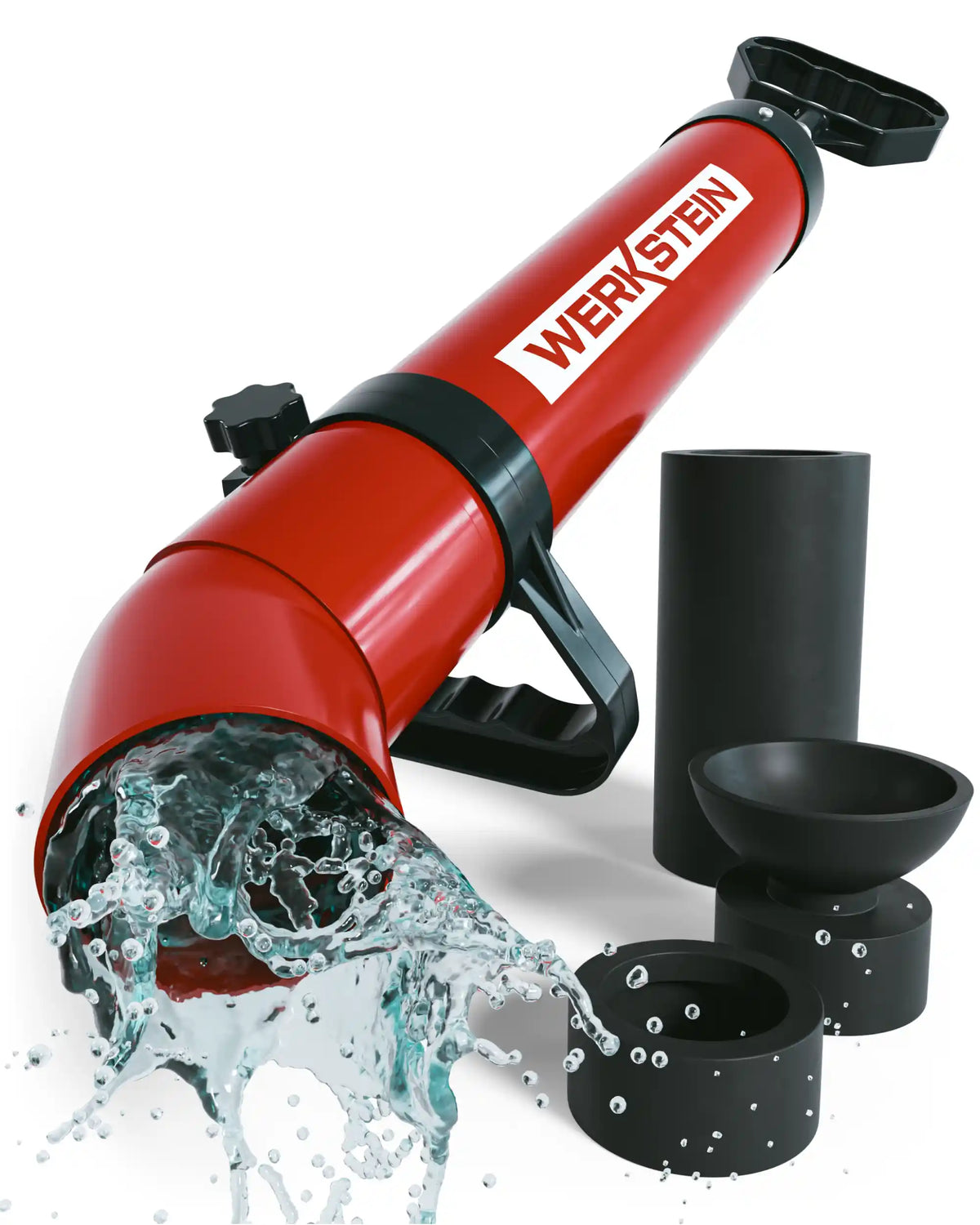 WERKSTEIN Rohrreinigungspumpe mit drei Adaptern und austretendem Wasserstrahl