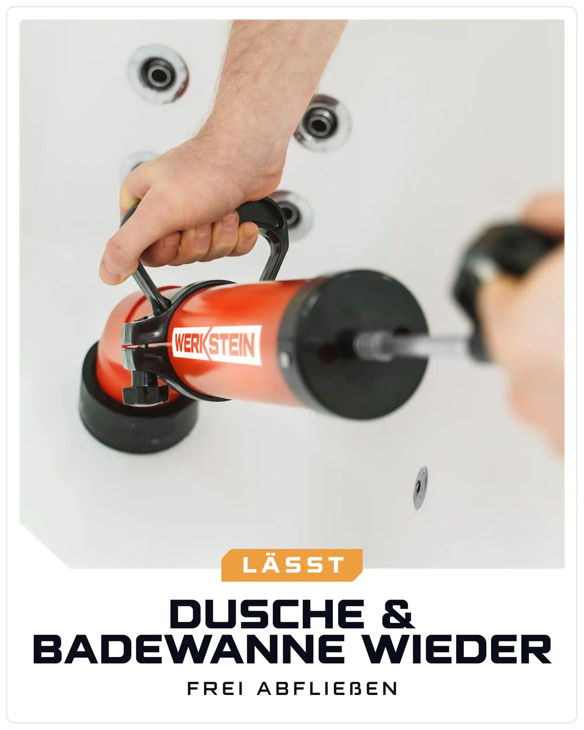 WERKSTEIN Rohrreinigungspumpe reinigt Abflüsse in Dusche und Badewanne mit Wasserdruck