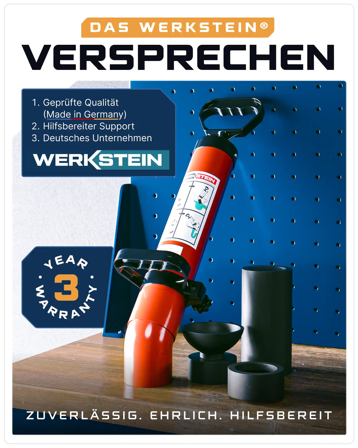 WERKSTEIN Rohrreinigungspumpe mit drei Adaptern vor Werkzeugwand und Garantiehinweis